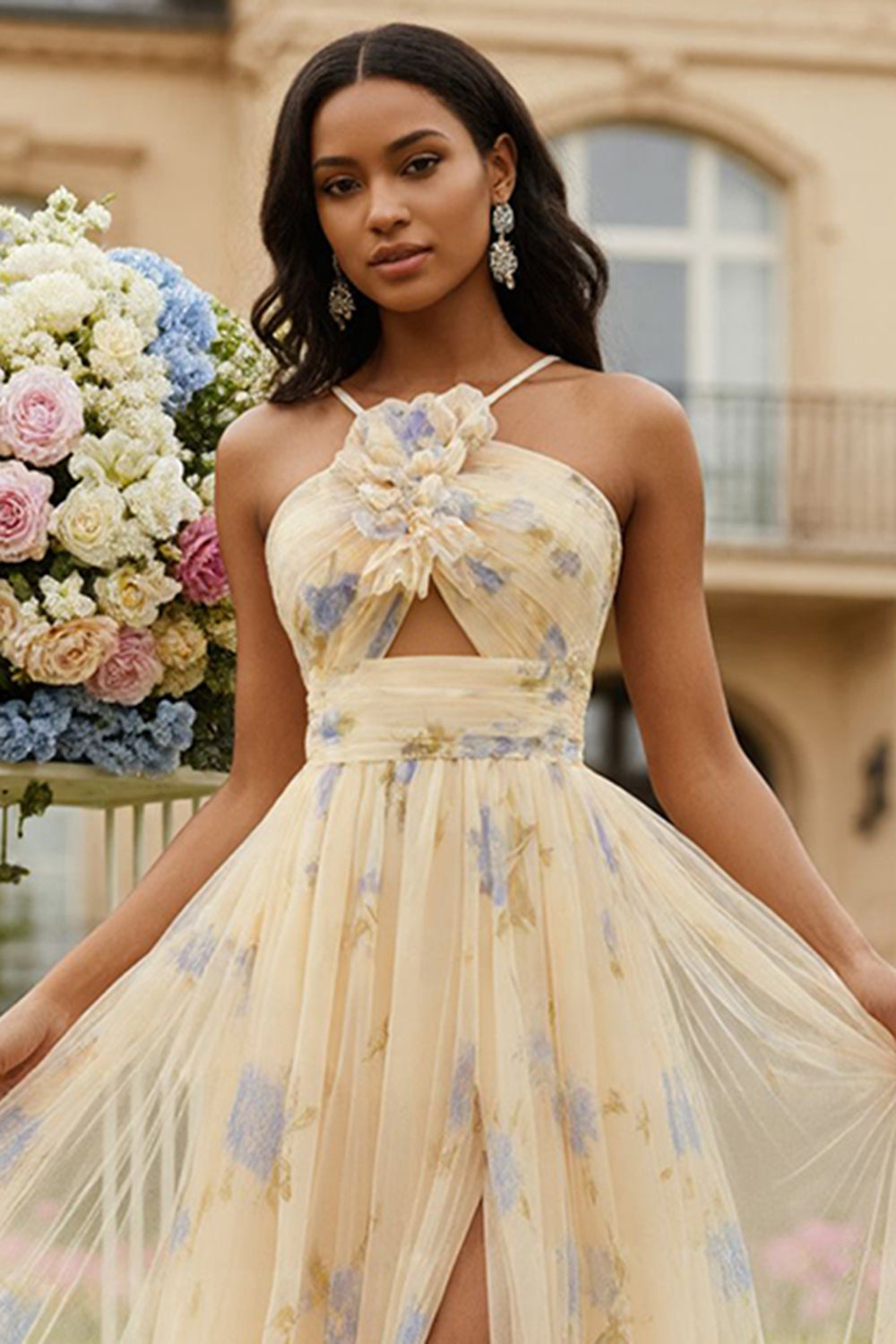 Floral Yellow Spaghetti Straps A-Line Long Prom Dress with Slit