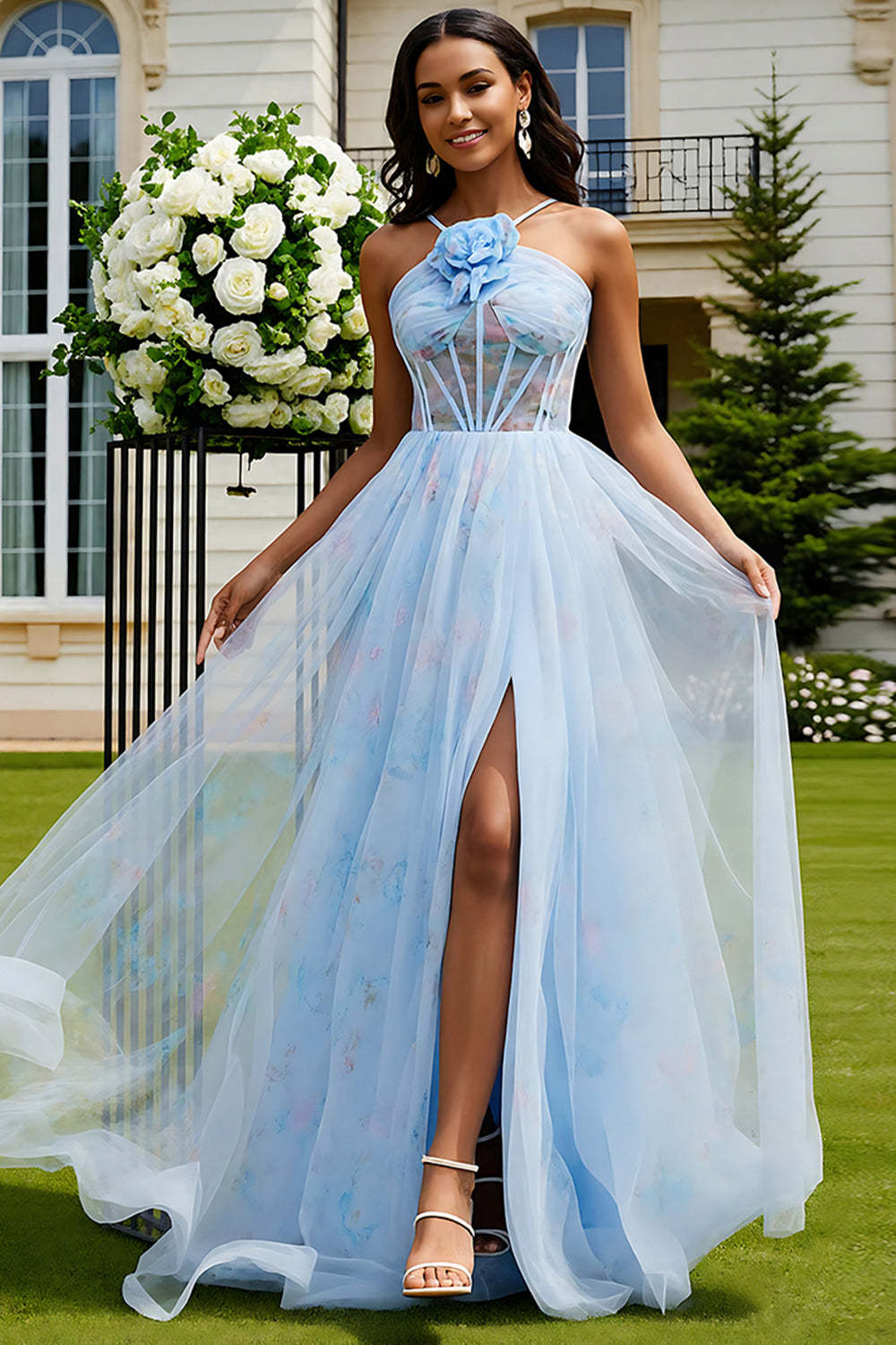 Leely Women Floral Light Blue Long Corset Prom Dress with Slit Tulle Spaghetti Straps A-Line Pageant Dress with 3D Flower