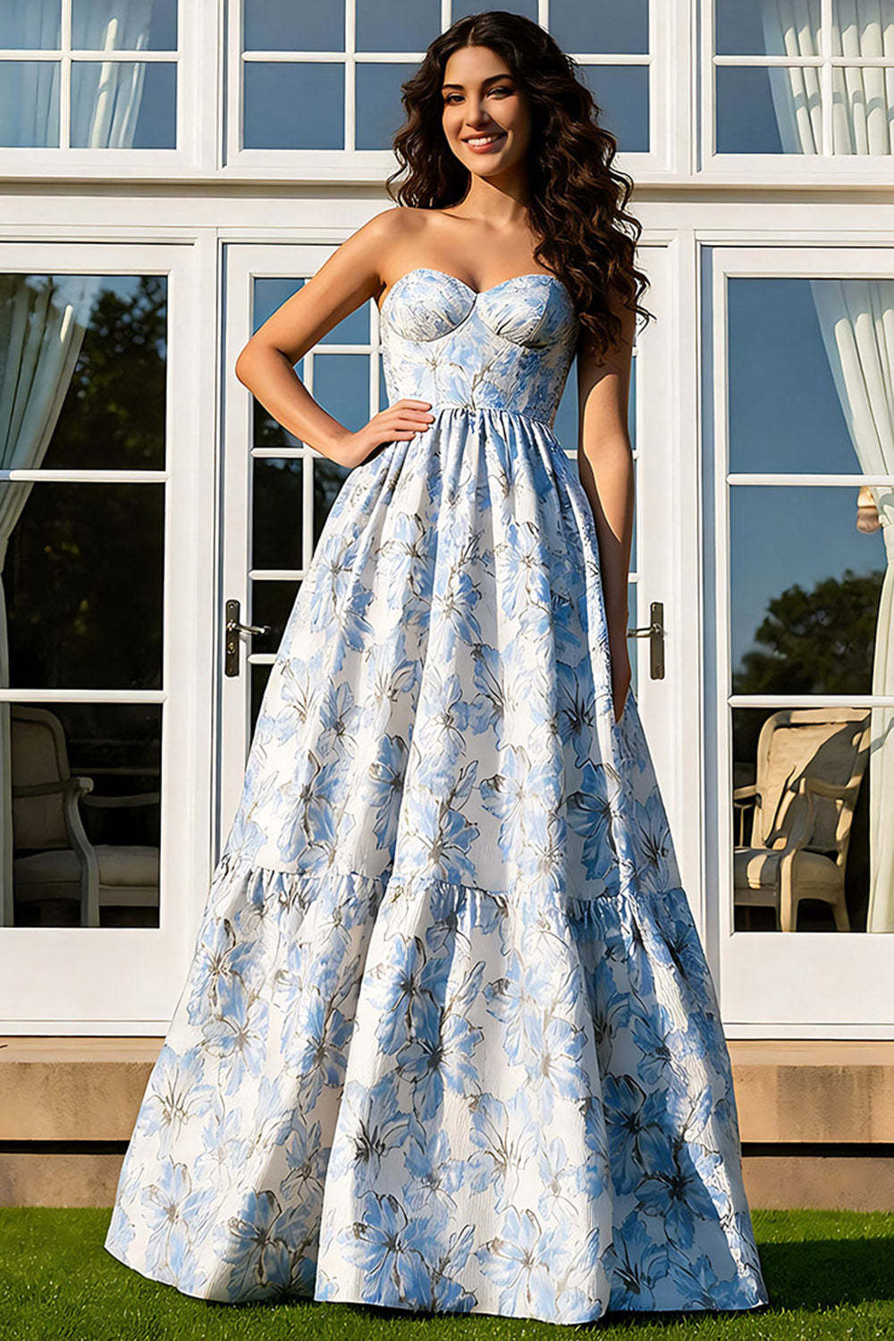 Leely Women Floral Light Blue Sweetheart Long Prom Dress Jacquard Strapless A-Line Pageant Dress with Ruffles