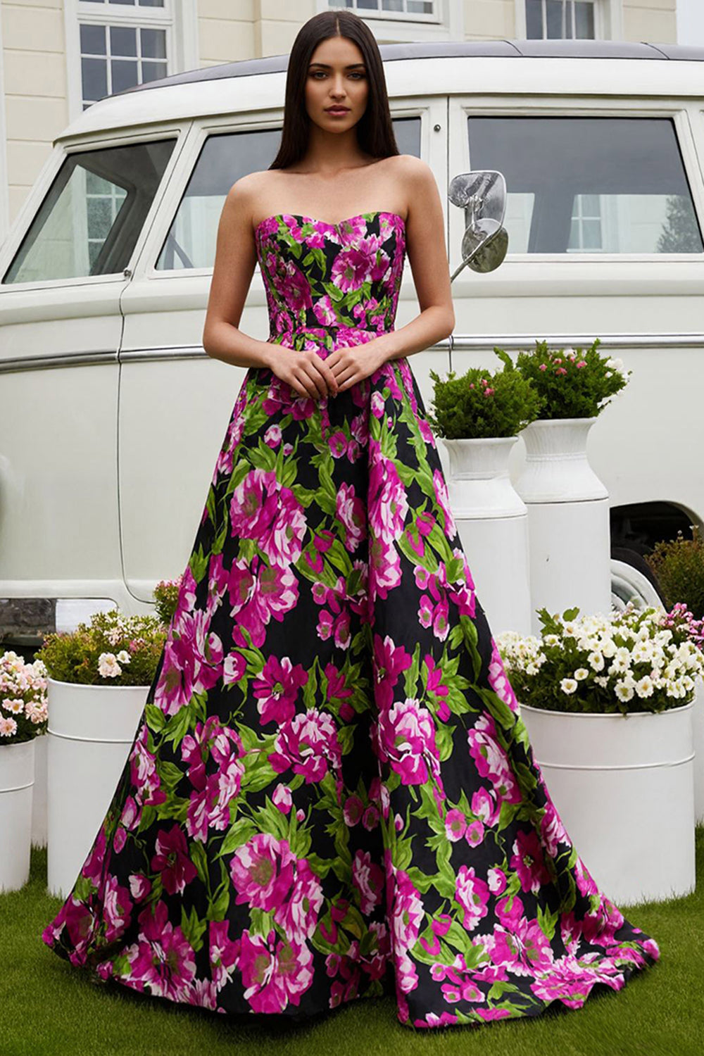 Leely Women Floral Black Fuchsia Satin Long Prom Dress Strapless A-Line Backless Pageant Dress