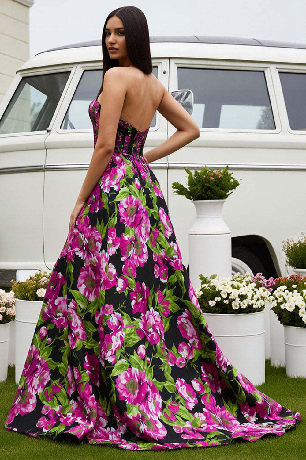 Floral Black Satin Strapless A-Line Long Prom Dress
