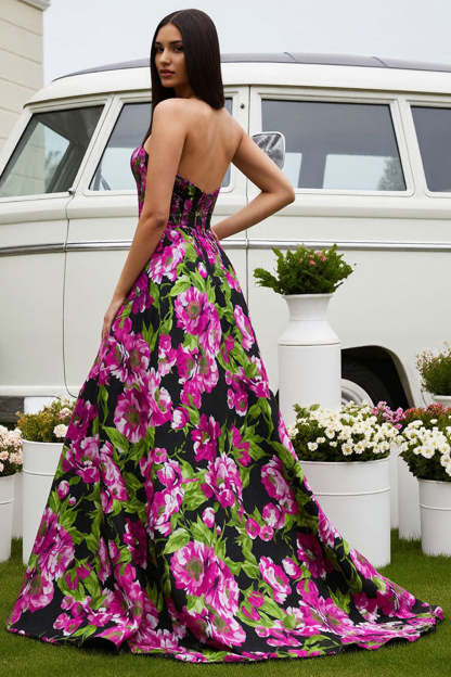 Floral Black Satin Strapless A-Line Long Prom Dress
