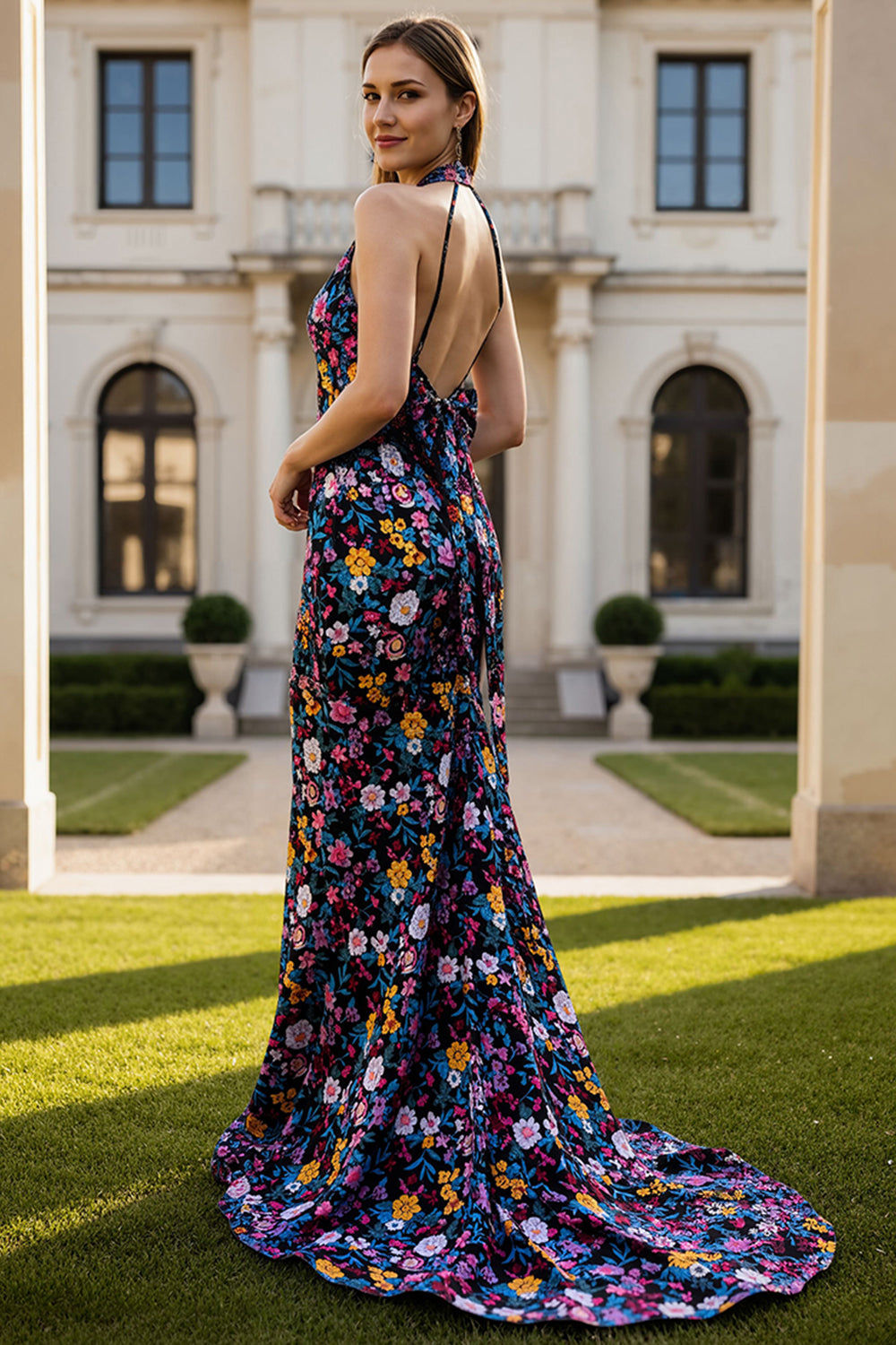 Floral Black Halter Neck Mermaid Maxi Prom Dress with Bow