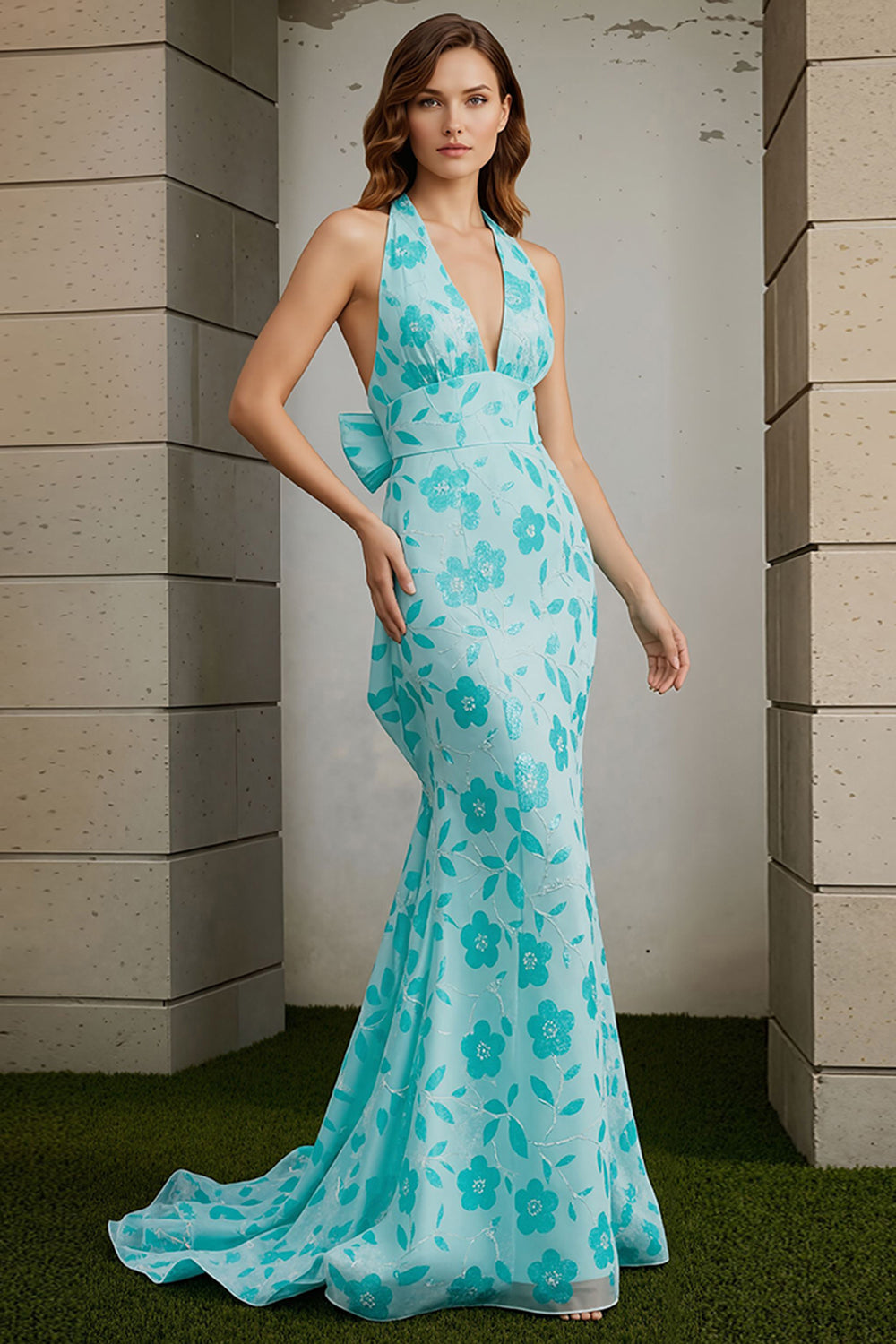 Green Floral Halter Neck Mermaid Maxi Prom Dress with Bow