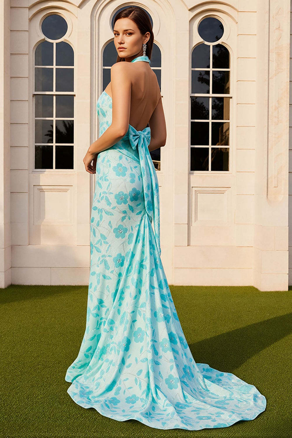 Green Floral Halter Neck Mermaid Maxi Prom Dress with Bow
