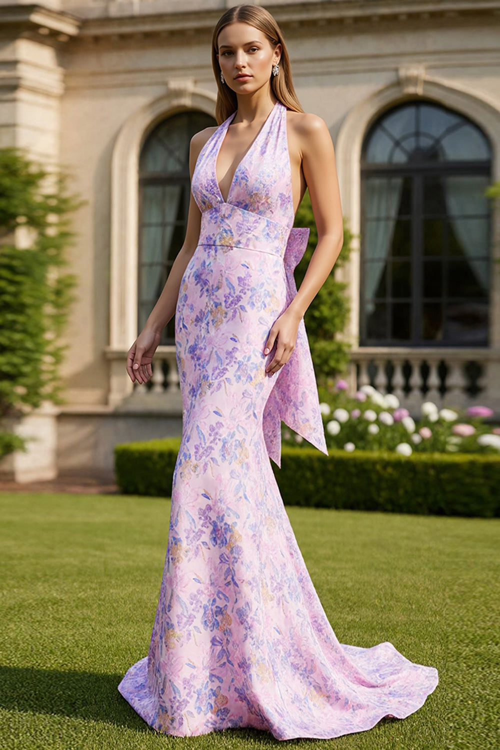 Lilac Floral Mermaid Halter Neck Maxi Prom Dress with Bow