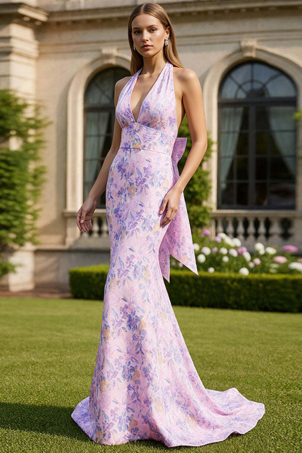 Lilac Floral Mermaid Halter Neck Maxi Prom Dress with Bow