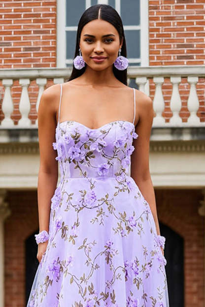 Floral Lilac Spaghetti Straps Maxi Prom Dress with 3D Flowers