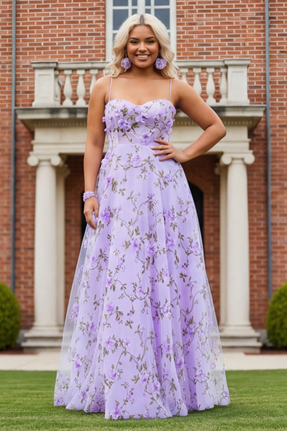 Floral Lilac Spaghetti Straps Maxi Prom Dress with 3D Flowers