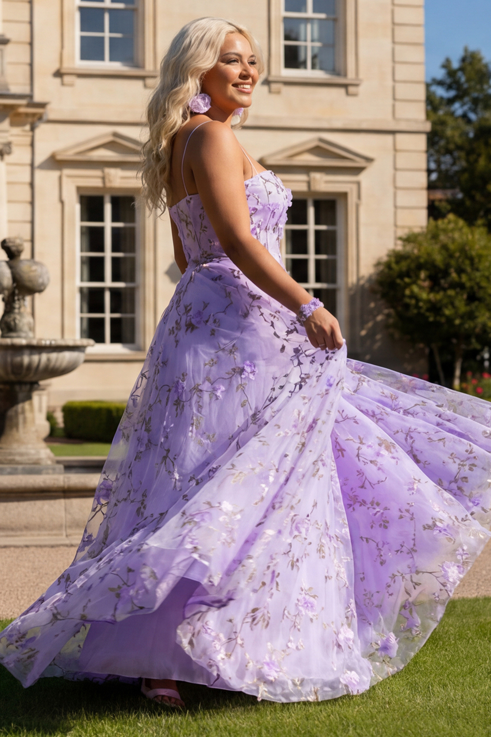 Floral Lilac Spaghetti Straps Maxi Prom Dress with 3D Flowers