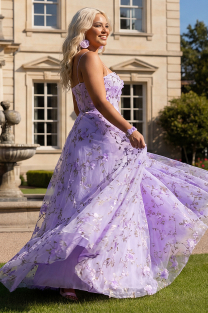 Floral Lilac Spaghetti Straps Maxi Prom Dress with 3D Flowers