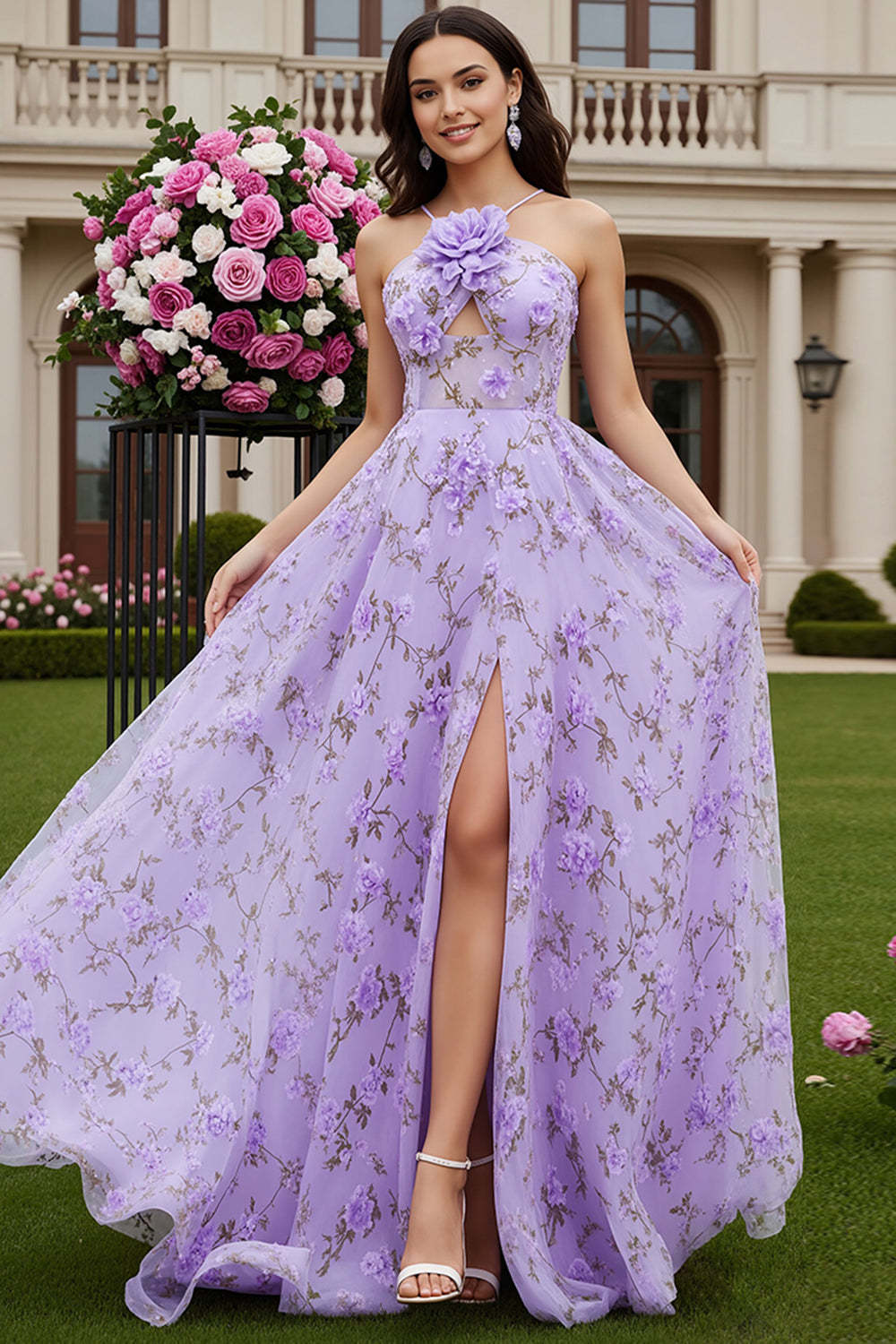 Leely Women Lilac Maxi Prom Dress with 3D Flower Keyhole Floral A Line Pageant Dress with Slit