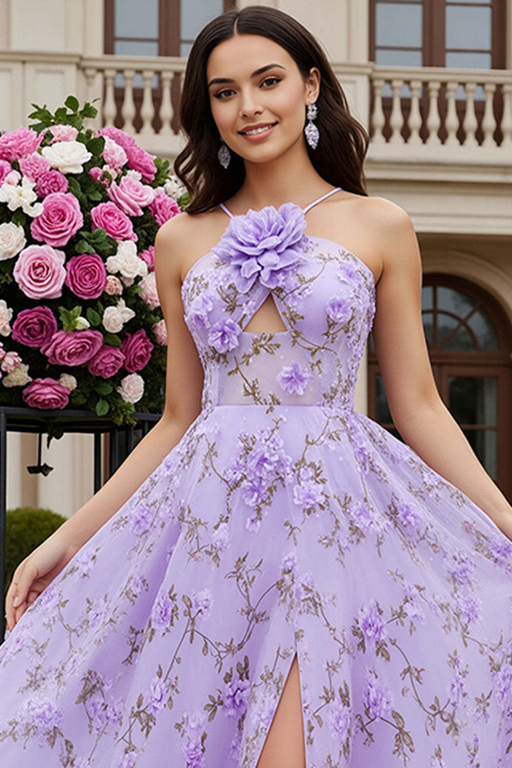 Floral Lilac Keyhole A Line Maxi Prom Dress with 3D Flower