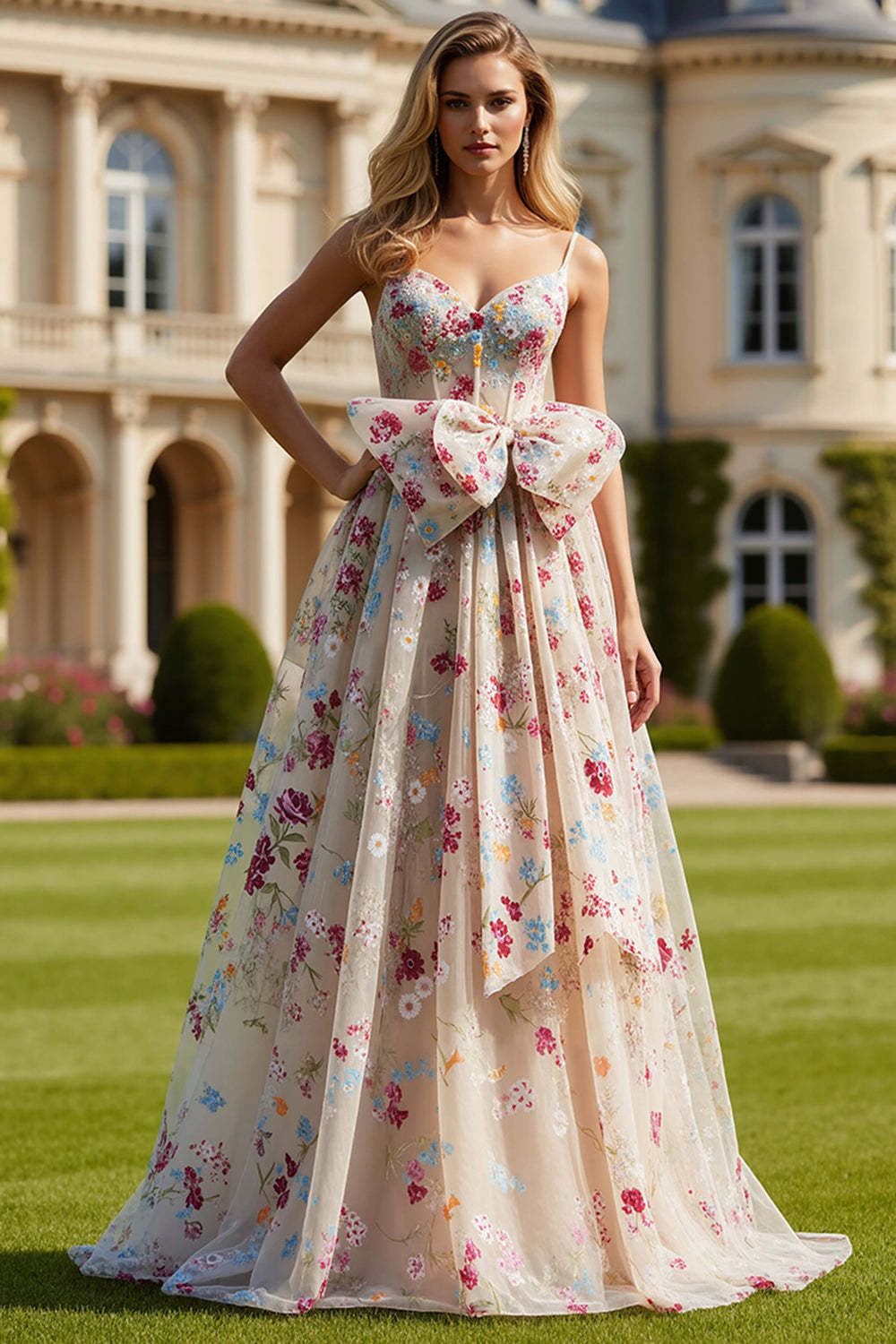 Leely Women Ivory Floral Maxi Corset Prom Dress with Bow Spaghetti Straps A Line Tulle Pageant Dress