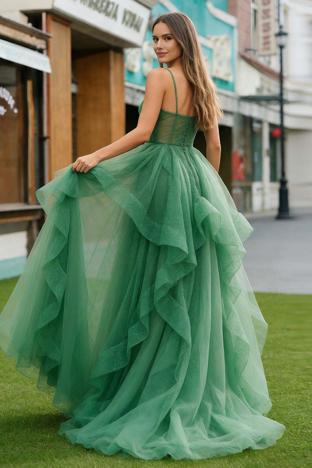 Sparkly Dark Green Ball Gown Ruffled Long Prom Dress with Beading