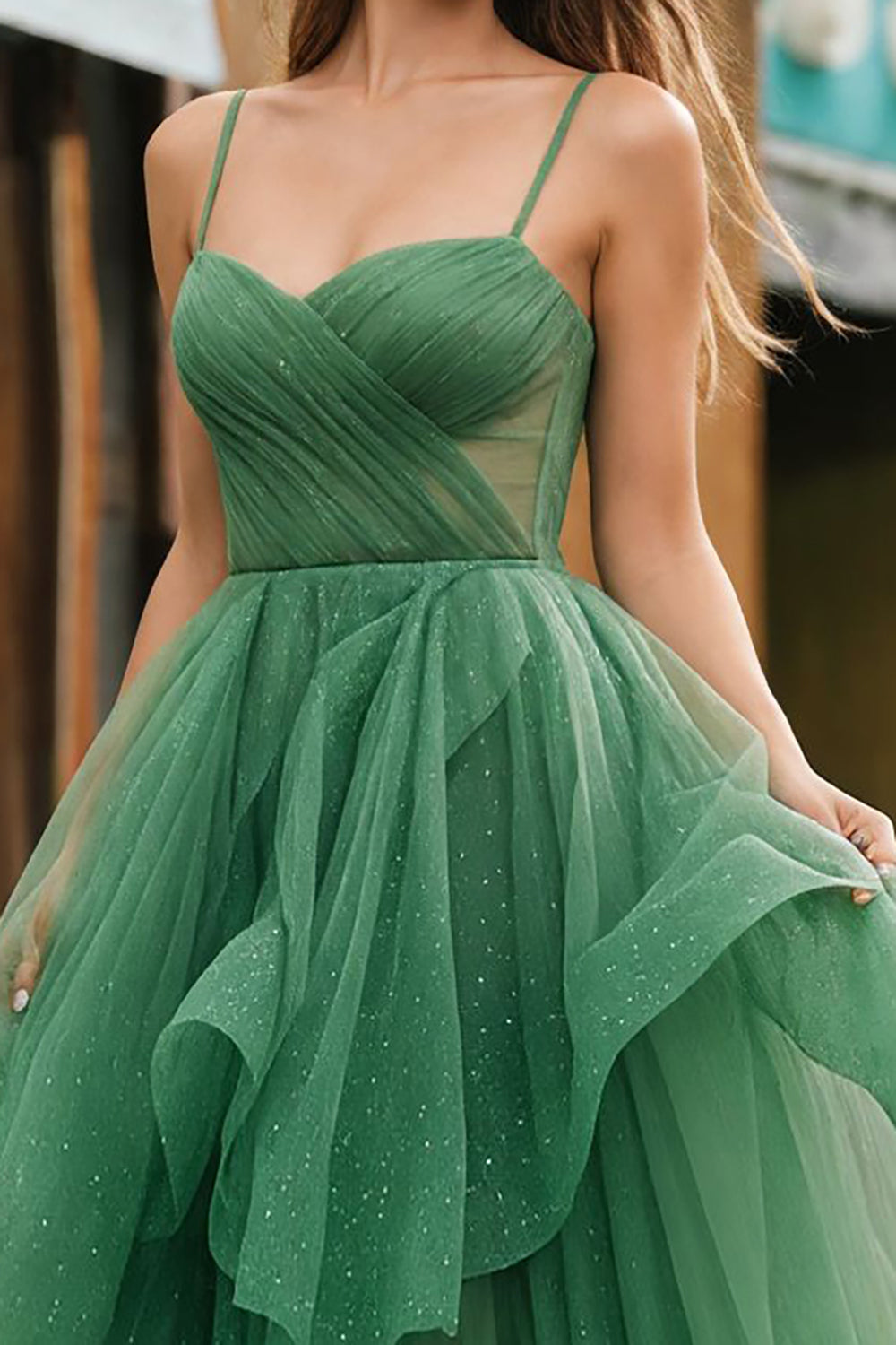 Sparkly Dark Green Ball Gown Ruffled Long Prom Dress with Beading