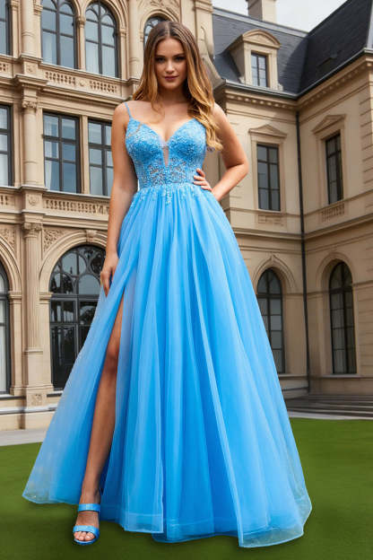 Leely Women Sparkly Blue Tulle Long Prom Dress with Slit A Line Spaghetti Straps Lace Up Back Pageant Dress