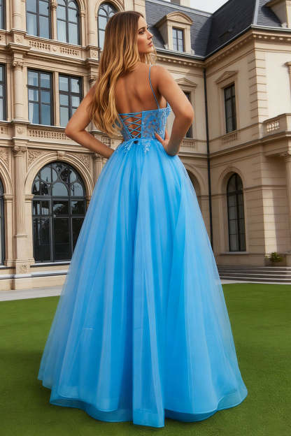 Blue Tulle Spaghetti Straps A Line Sparkly Long Prom Dress with Slit