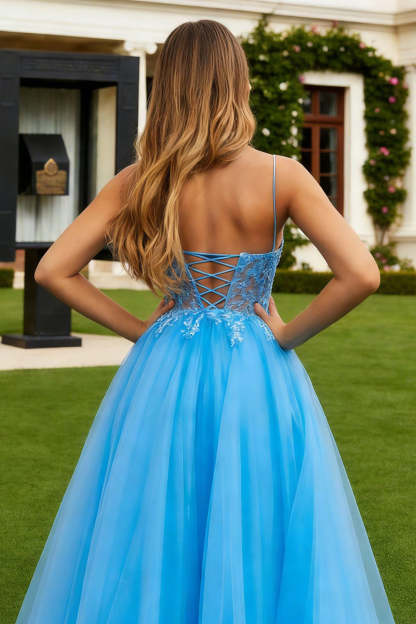 Blue Tulle Spaghetti Straps A Line Sparkly Long Prom Dress with Slit
