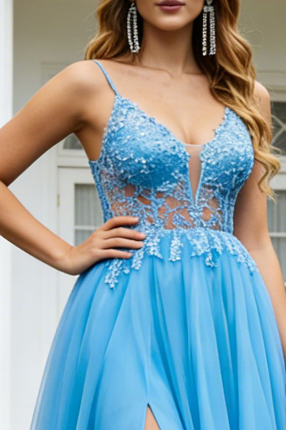 Blue Tulle Spaghetti Straps A Line Sparkly Long Prom Dress with Slit