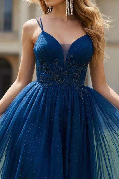 Glitter Navy Spaghetti Straps Appliqued Long Prom Dress with Beading