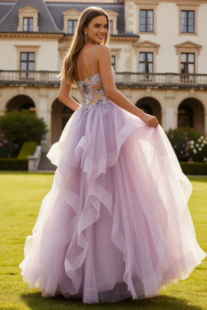 Lilac Floral Tulle Ball Gown Long Prom Dress with Ruffles