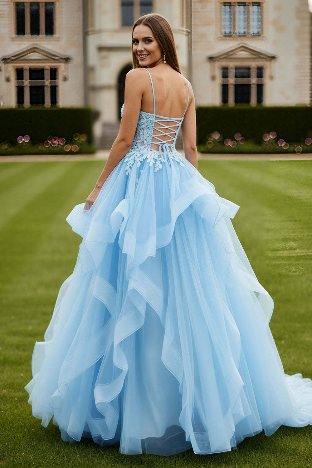 Sky Blue Tulle Appliqued Long Corset Lace-up Back Prom Dress with Ruffles