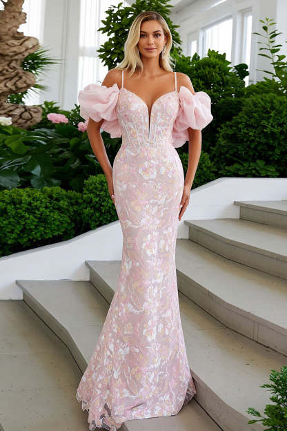 Leely Women Blush Pink Lace Long Corset Prom Dress with Ruffles Mermaid Puff Sleeves Cold Shoulder Pageant Dress