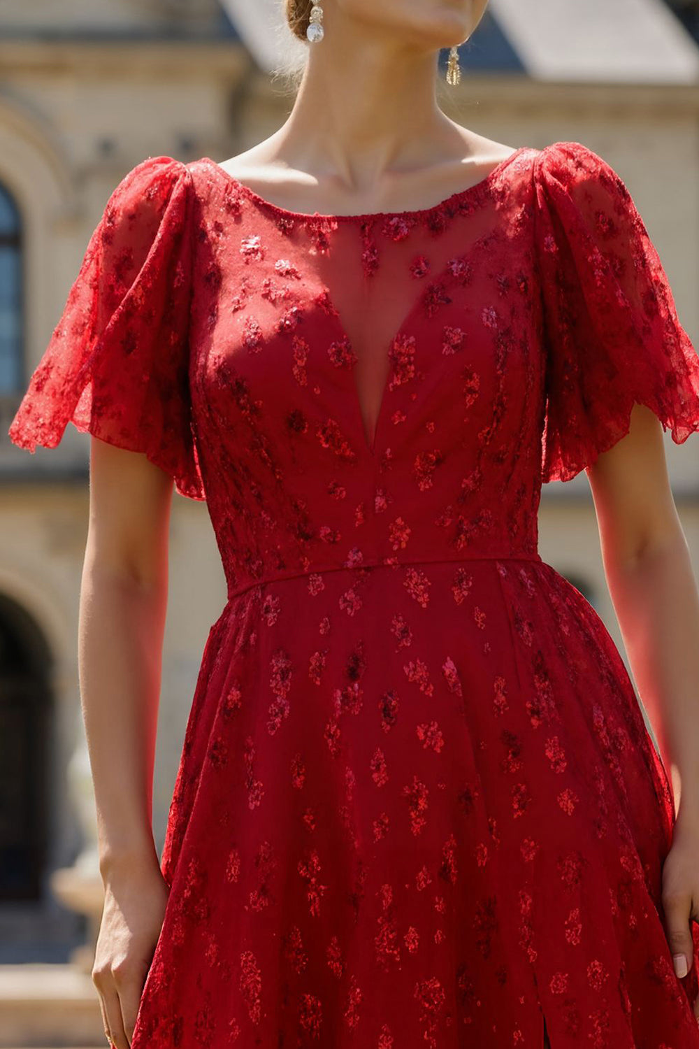 Sparkly Floral Dark Red Boat Neck A Line Long Prom Dress with Sleeves