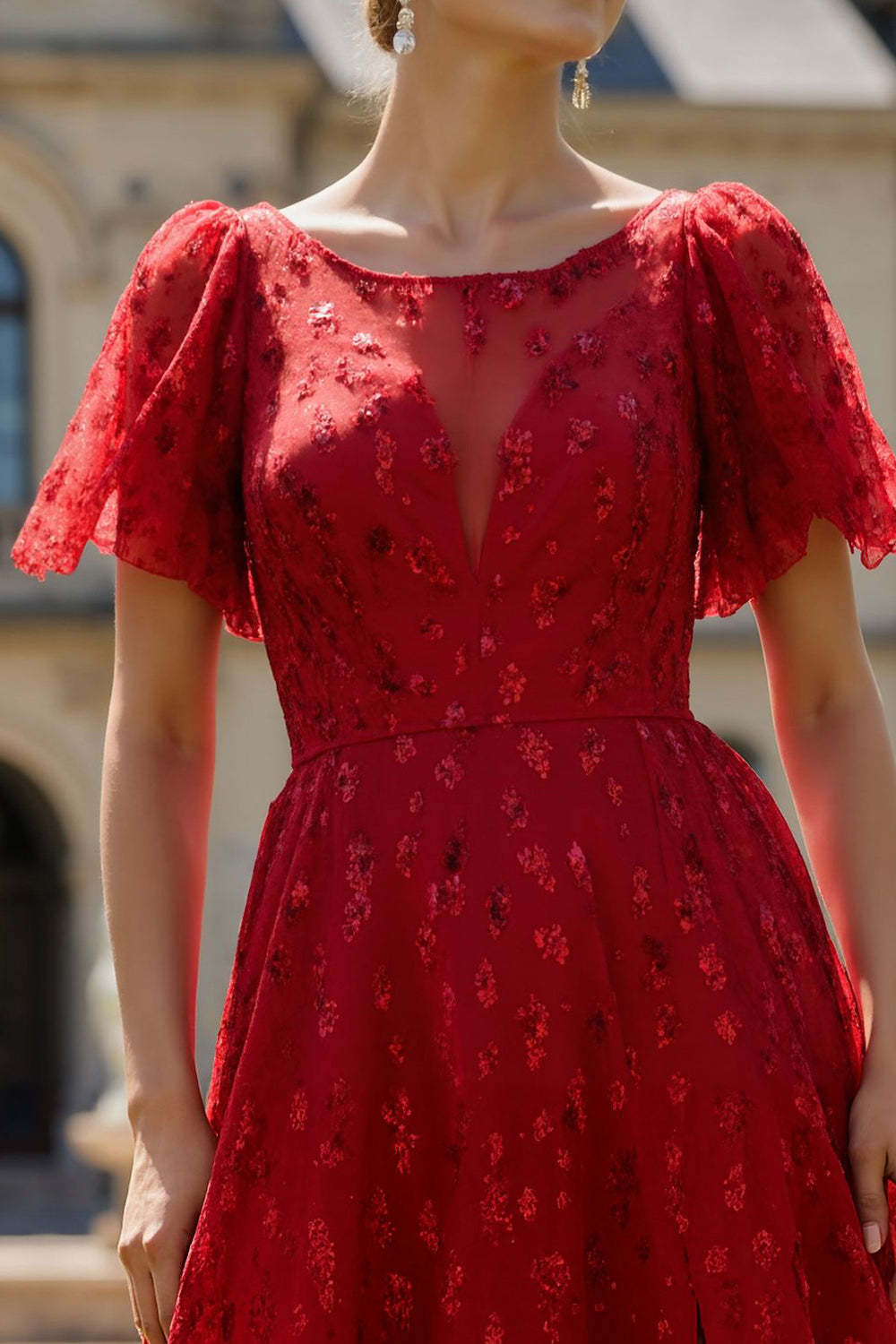 Sparkly Floral Dark Red Boat Neck A Line Long Prom Dress with Sleeves