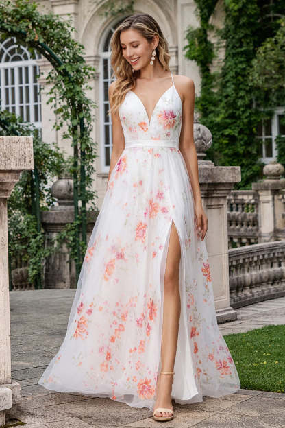 Leely Women Floral Ivory Pink Long Prom Dress with Slit Spaghetti Straps A Line V Neck Pageant Dress