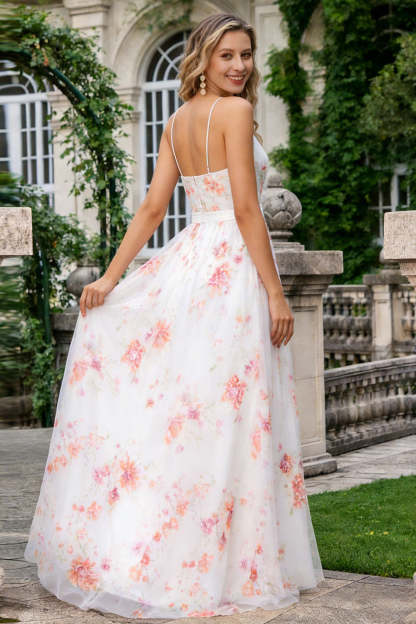 Floral Ivory Pink Spaghetti Straps A Line Long Prom Dress with Slit