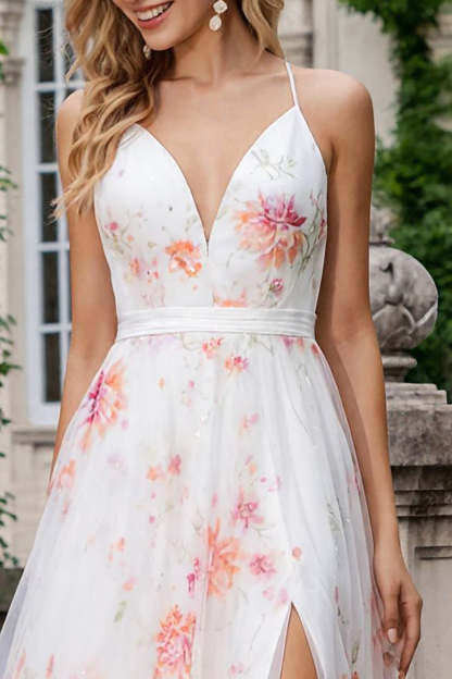 Floral Ivory Pink Spaghetti Straps A Line Long Prom Dress with Slit