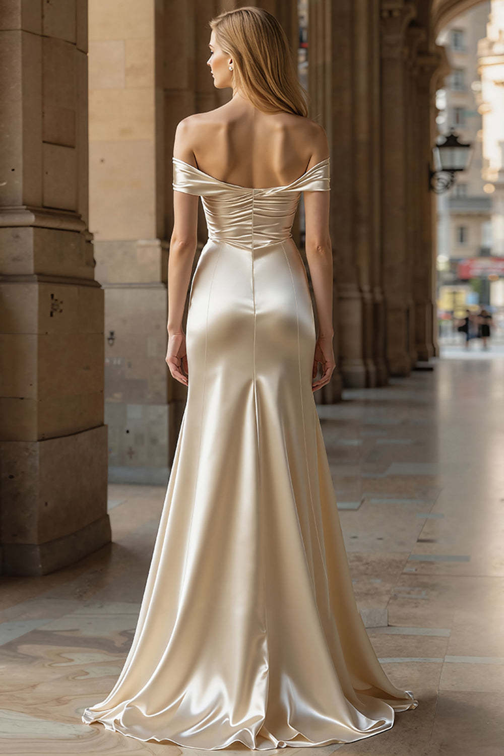 Champagne Off the Shoulder Mermaid Maxi Prom Dress with Slit