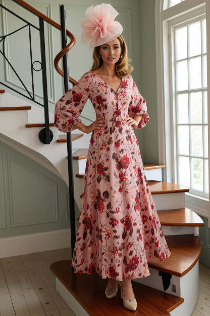 Leely Women Floral Dusty Rose Maxi Mother of the Bride Dress A Line V-neck 3/4 Sleeves Wedding Guest Dress