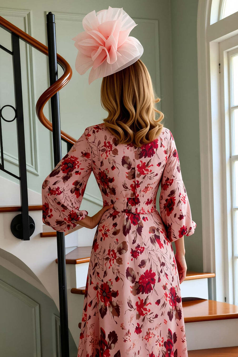 Floral Dusty Rose V-Neck Maxi Mother of the Bride Dress with Sleeves