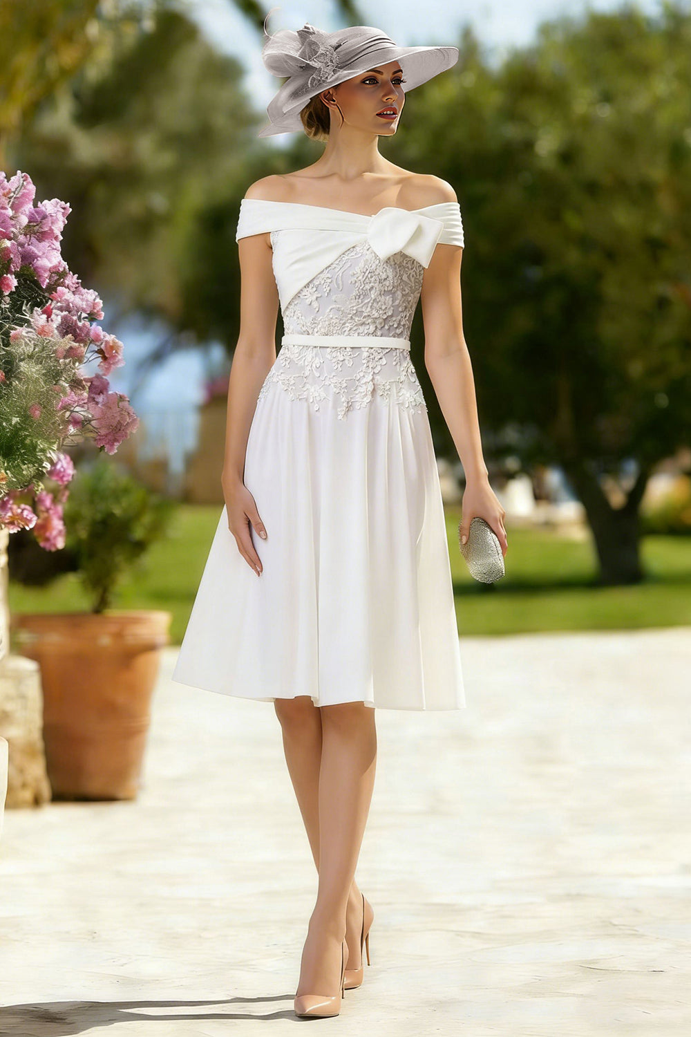 Floral Ivory A Line Midi Mother of the Bride Dress with Bow