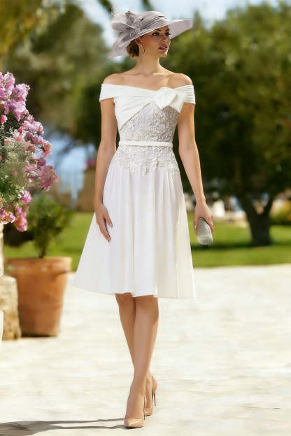 Leely Women Floral Ivory Midi Mother of the Bride Dress with Bow A Line Off the Shoulder Lace Wedding Guest Dress