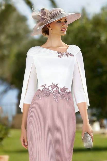 Floral White and Blush Pleated Midi Mother of the Bride Dress with Cape