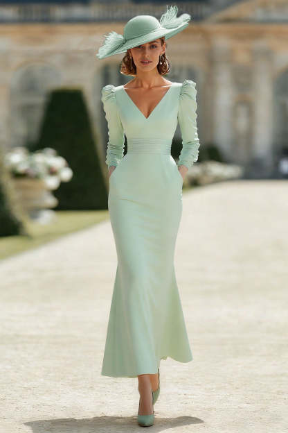Leely Women Mint Green Mermaid Maxi Mother of the Bride Dress Pleated V-Neck Wedding Guest Dress with Sleeves
