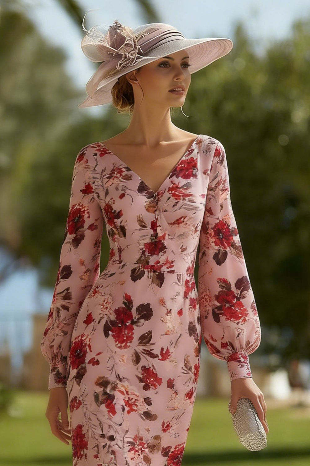 Dusty Rose Mermaid V-Neck Midi Mother of the Bride Dress with Ruffles