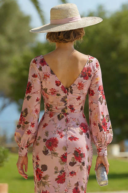 Dusty Rose Mermaid V-Neck Midi Mother of the Bride Dress with Ruffles