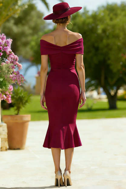 Burgundy Mermaid Bodycon Midi Mother of the Bride Dress
