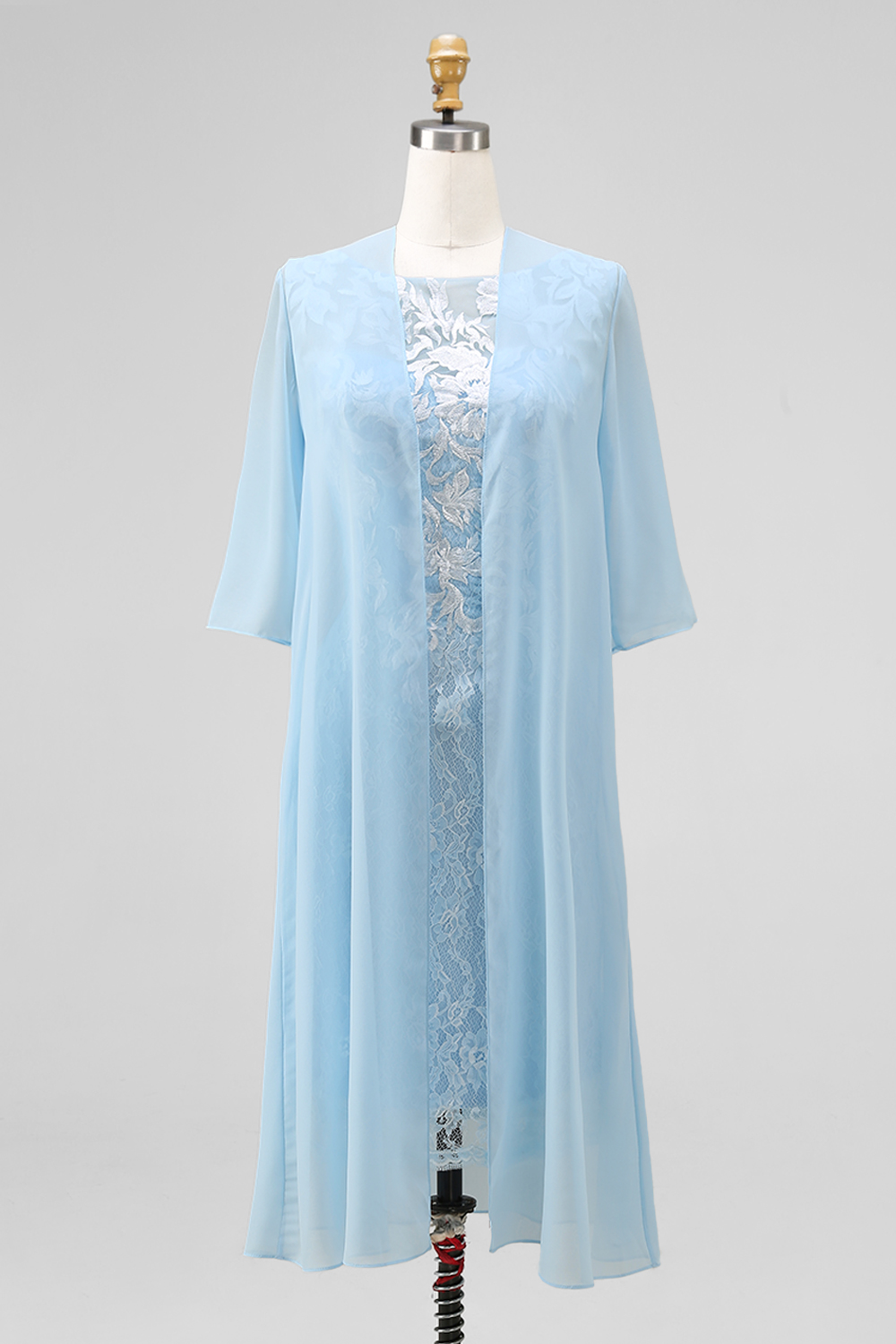 Floral 2 Piece Light Blue Lace Bodycon Midi Mother of the Bride Dress