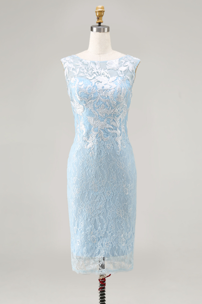 Floral 2 Piece Light Blue Lace Bodycon Midi Mother of the Bride Dress
