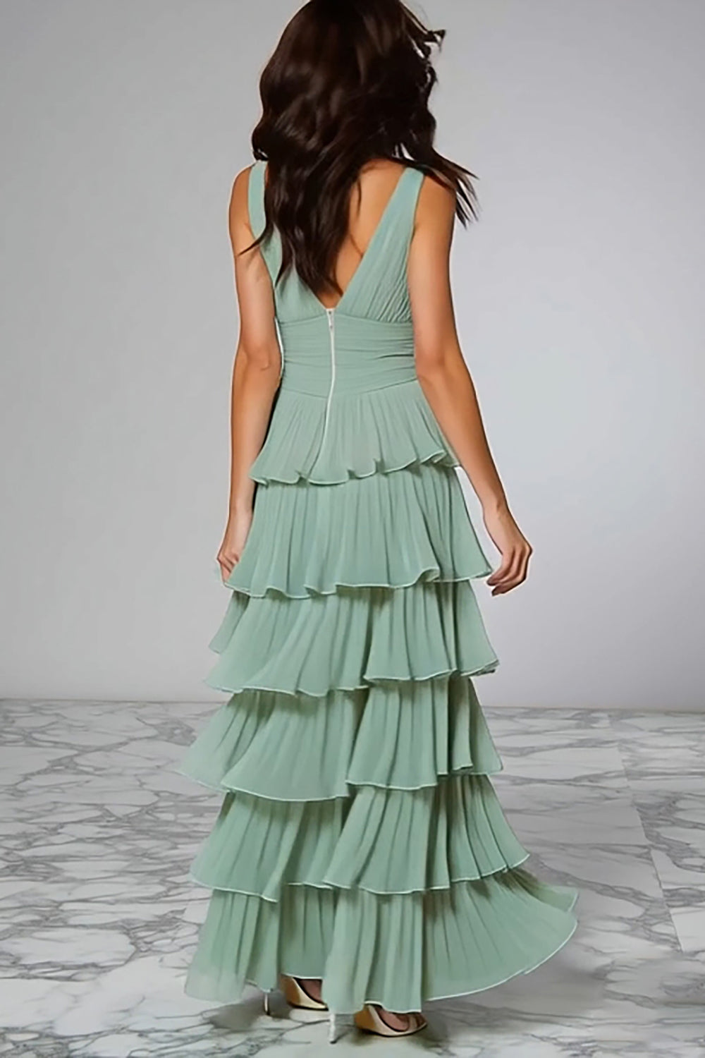 Light Green Ruffled Chiffon V-Neck Tiered Long Bridesmaid Dress