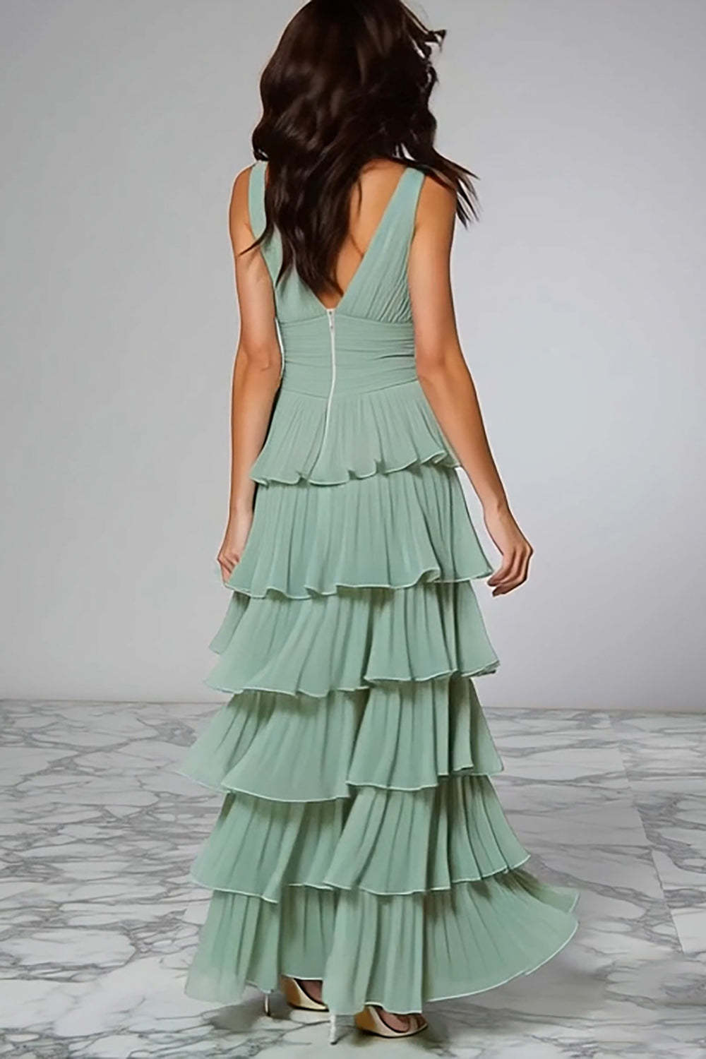 Light Green Ruffled Chiffon V-Neck Tiered Long Bridesmaid Dress