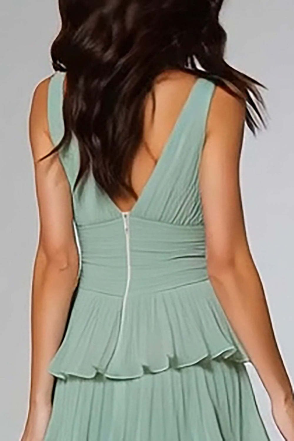 Light Green Ruffled Chiffon V-Neck Tiered Long Bridesmaid Dress