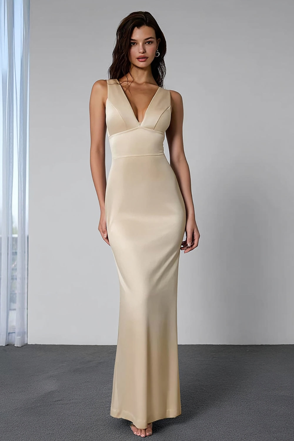 Champagne Mermaid Double V-Neck Long Bridesmaid Dress