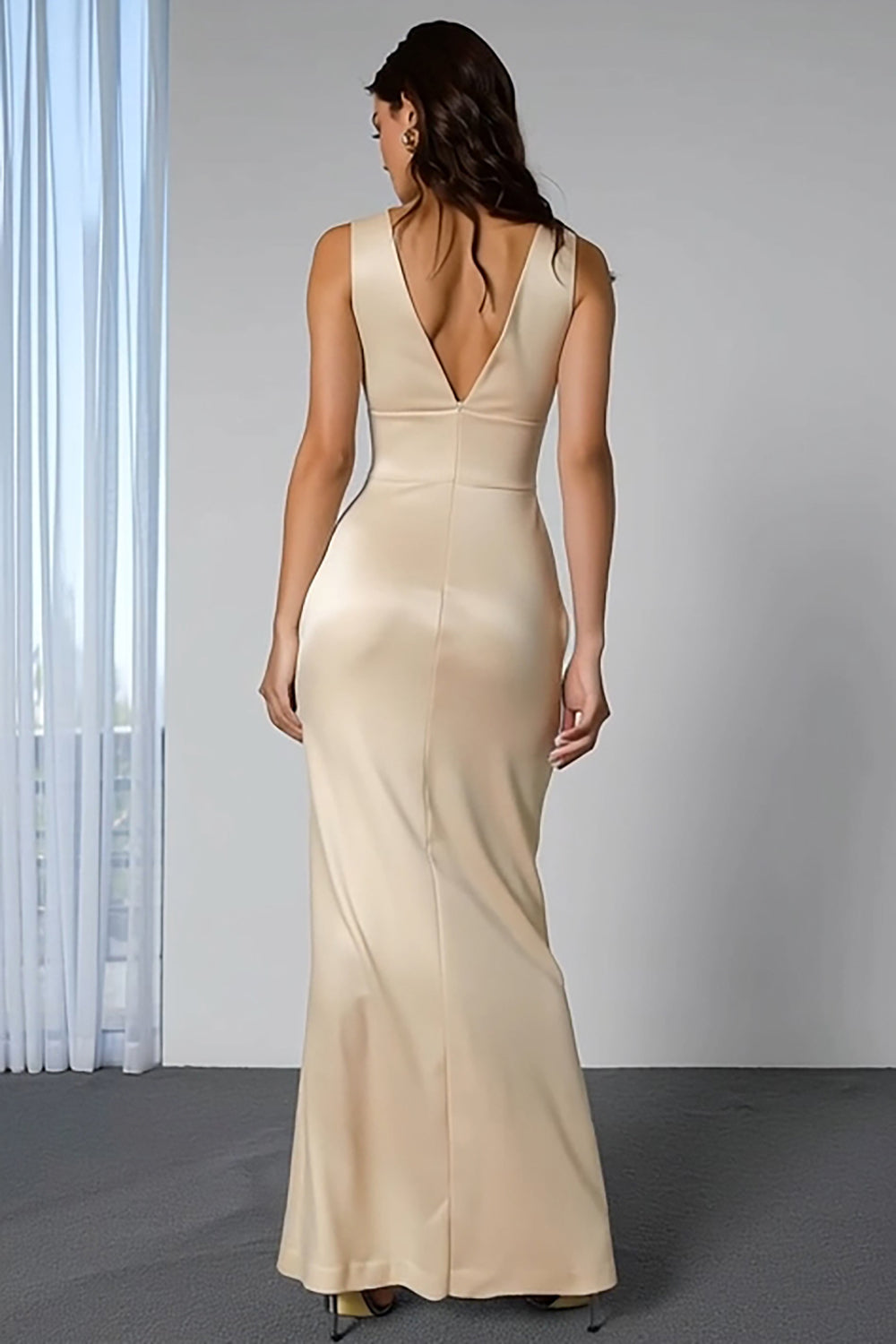 Champagne Mermaid Double V-Neck Long Bridesmaid Dress